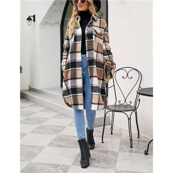 Brown & Black Plaid Print Button Down Long Midi Trench Flannel Jacket Shacket‎ - Picture 2 of 7